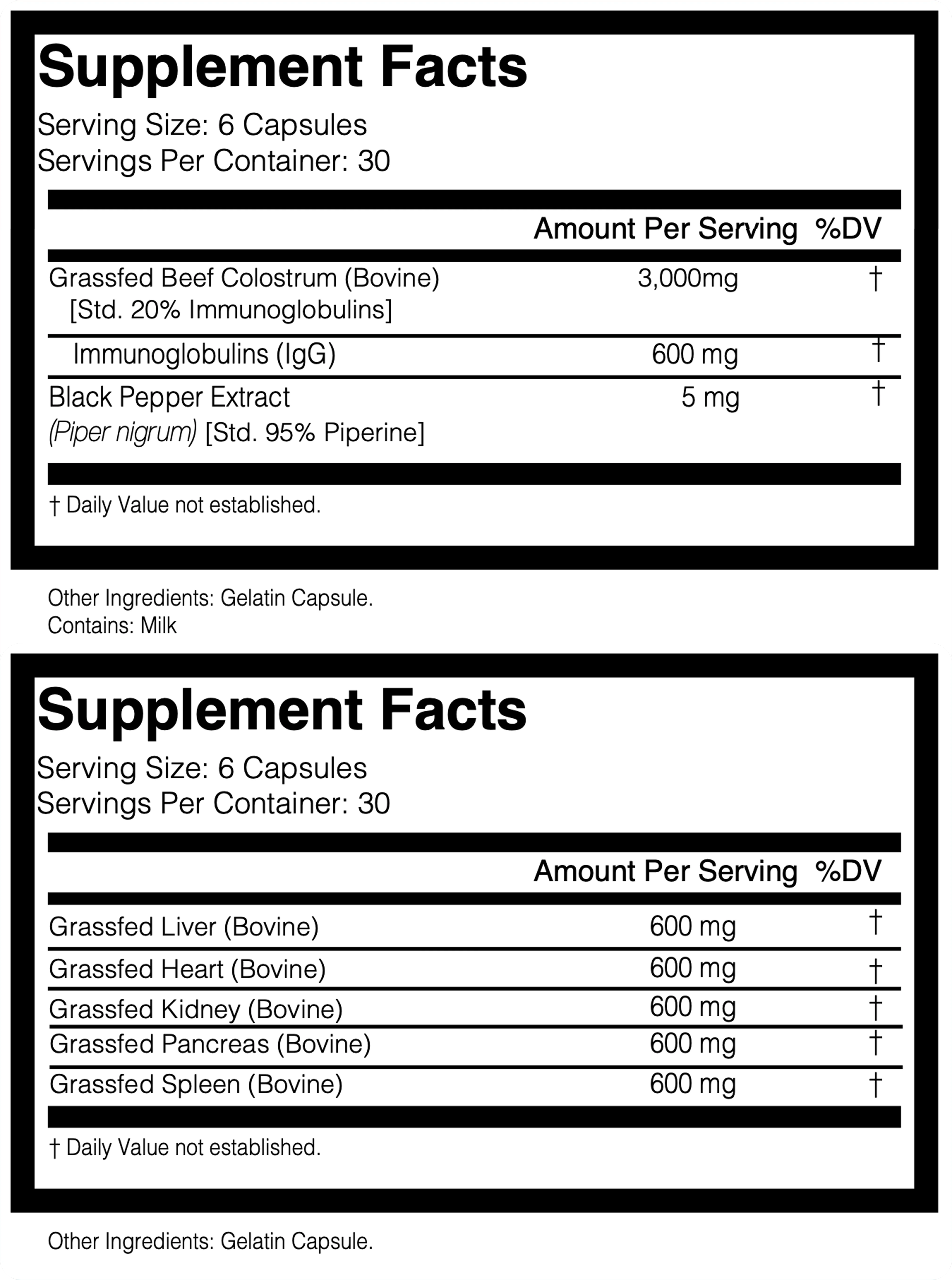 Nutrition Label for Grass Fed Beef Colostrum + Organ Complex Bundle