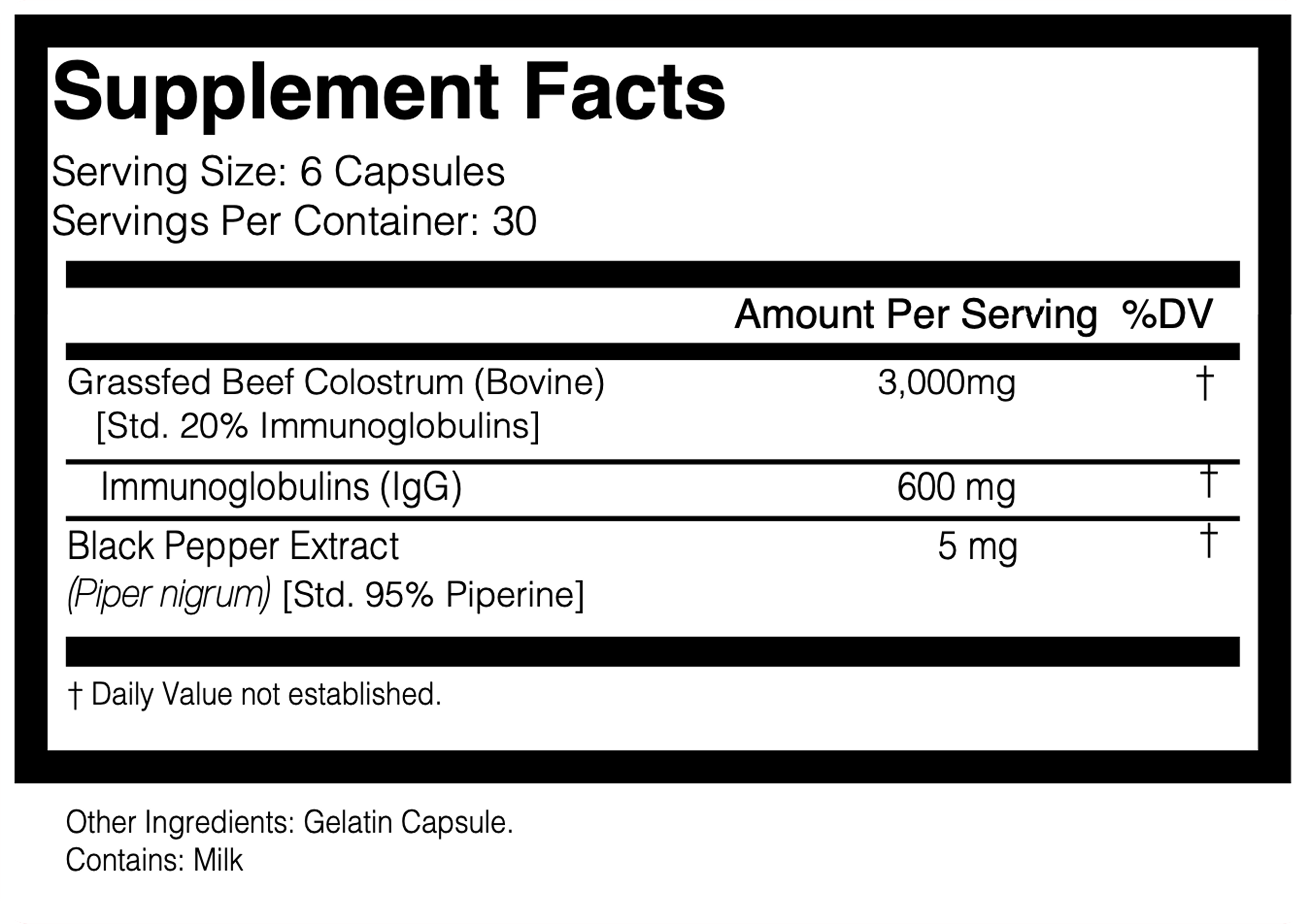 Nutrition Label for Grass Fed Beef Colostrum + Black Pepper