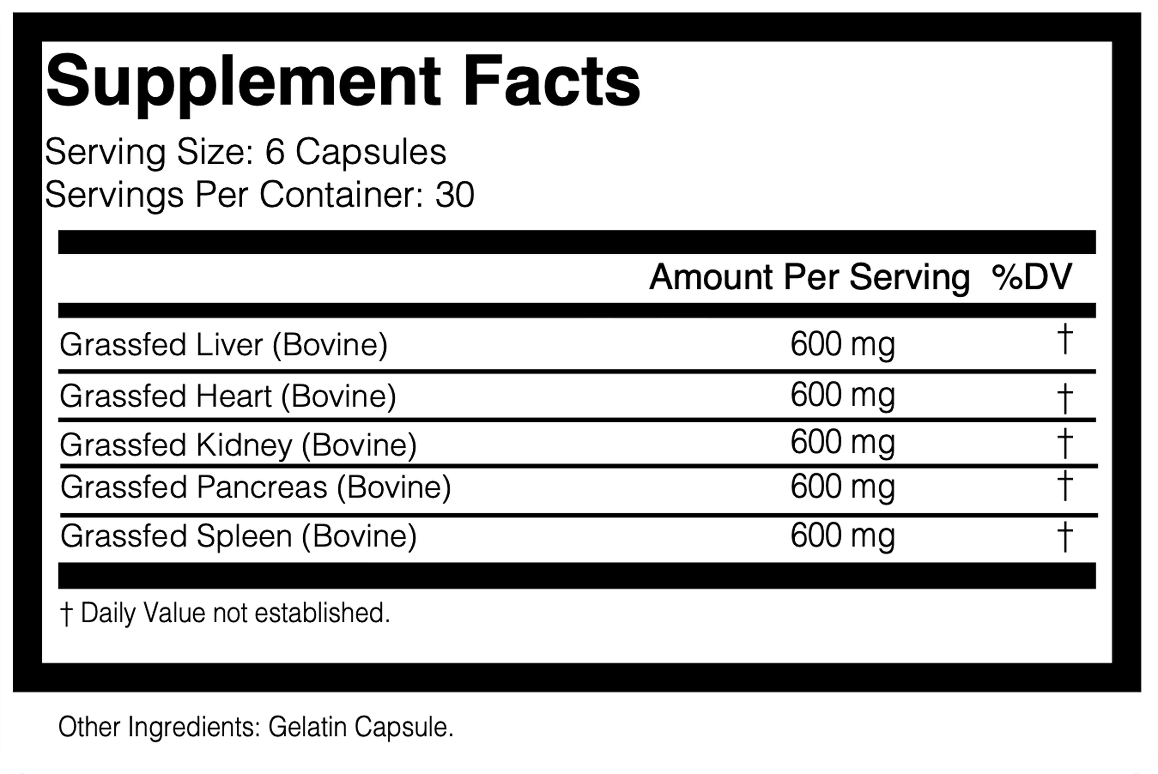 Nutrition Label for Grass Fed Beef Organ Complex